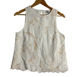 Ver White Floral Embroidered Scalloped Hem Sleeveless Blouse Linen beach boho